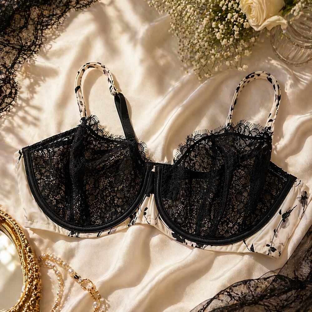 Cacique 40DD Black Lace Balconette Bra Floral Underwire NWT Sexy Chic